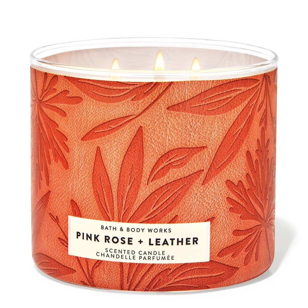RARE 🕯️BATH & BODY WORKS 🕯️Pink Rose & Leather 3-Wick Candle